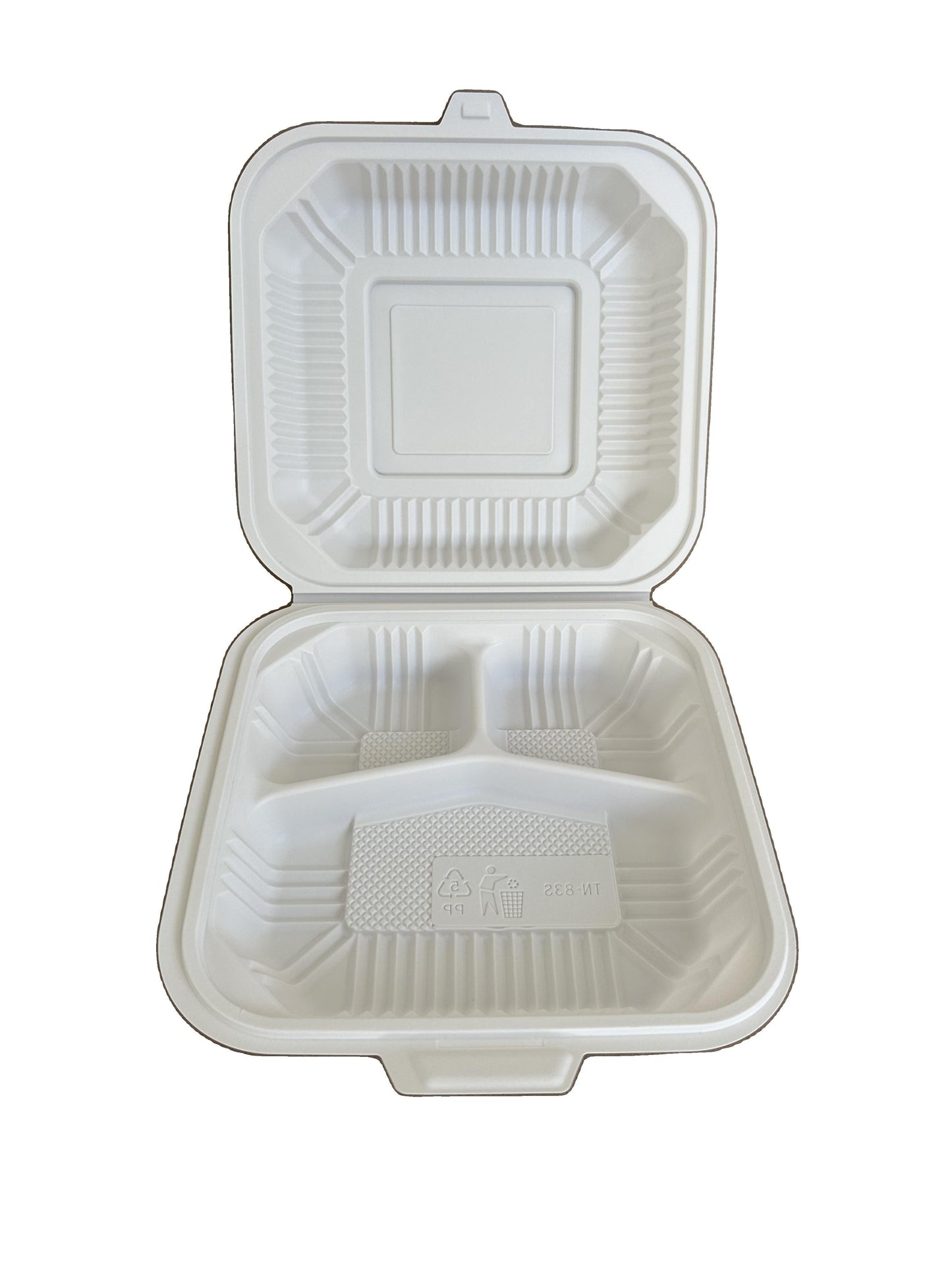 8"x8" 3-Comp SHALLOW White Hinged Slit-Lock Container - 200ct